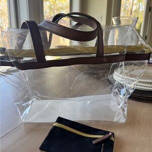 New- Mb Greene Clear Tote Bag with Brown Trim, gold zipper and Removable Pouch